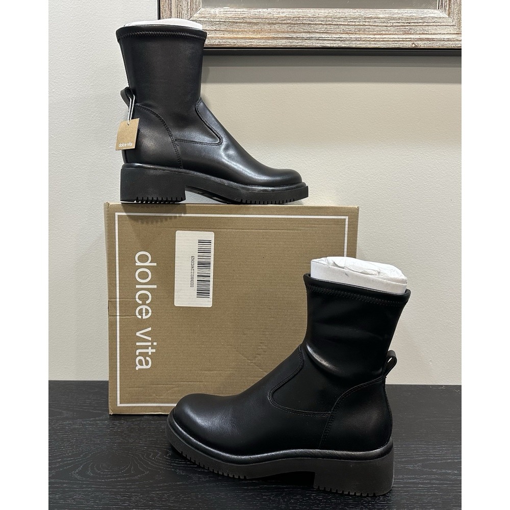 Dolce Vita Simaya H2O Black Leather Waterproof Ankle Boots Lug Sole Women Size 7
